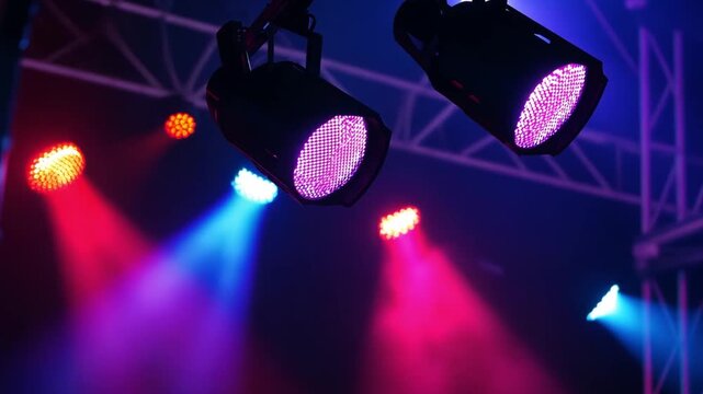 Illuminated Stage Lights: Stage lights cast vibrant hues of red, blue, and purple against the darkness, highlighting the energetic and immersive world of a live performance.