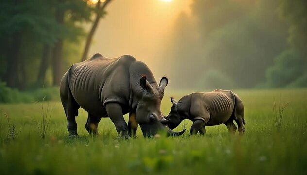 Javan rhinoceros lying in the shade with its baby