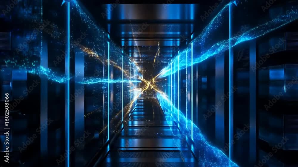 Poster futuristic data center corridor with glowing lights, digital connections and technology imagery – in