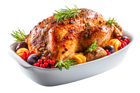 roasted turkey chicken with vegetables on a plate; tasty thanksgiving dinner isolated over white (transparent) background