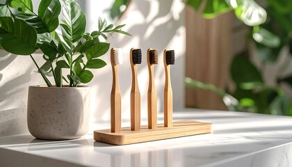 Wooden Toothbrushes on a Marble Surface in a Minimalist Bathroom