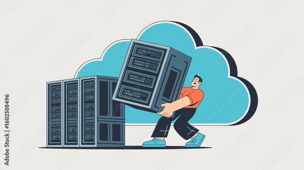 Aufkleber it specialist moving a server rack to a cloud vector illustration, adopting cloud computing, server 