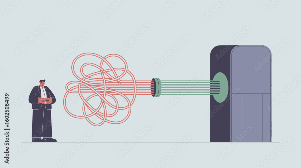 Poster businessman watching a machine untangle a complex problem vector illustration, business process auto