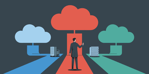 businessman choosing between different server paths vector illustration, multi-cloud, hybrid cloud strategy, and it infrastructure decision