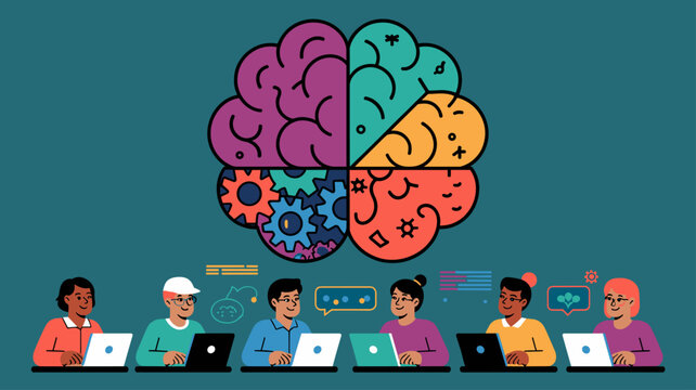 diverse team of professionals working below a brain icon representing neurodiversity vector illustration, cognitive diversity in the workplace and collaborative innovation