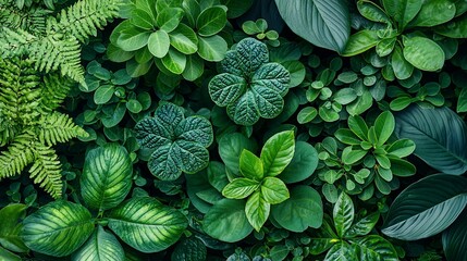 Lush green foliage wall, vibrant tropical plants, nature's backdrop, ideal for presentation