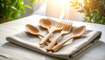 Wooden Utensils Spoons and Forks on Fabric Napkin Table Setting