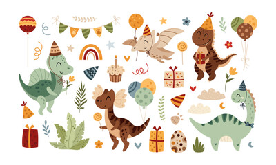 Fototapeta premium Birthday dinosaur clipart set. Cute cartoon festive characters. Vector illustration
