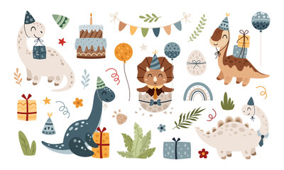 Birthday dinosaur clipart set. Cute cartoon festive characters. Vector illustration © JulzaArt