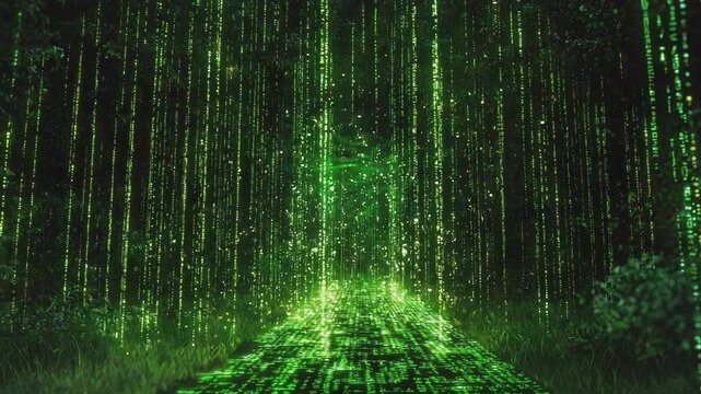 Digital Forest: An artistic rendering of a digital forest, where lines of code cascade down like emerald rain, blurring the boundaries between nature and technology. 