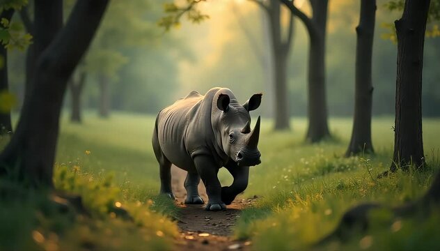Javan rhinoceros walking quietly among trees