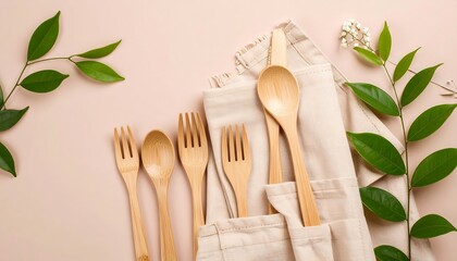 Wooden Utensils with Cloth Napkin and Greenery on Table