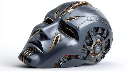 Futuristic robotic mask featuring intricate designs, metallic textures, and advanced circuitry, showcasing blend of technology and artistry