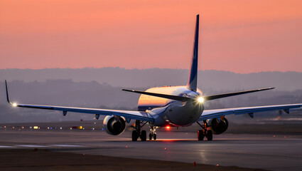 Obraz premium An airplane prepares for takeoff at dawn its headlights piercing the morning haze