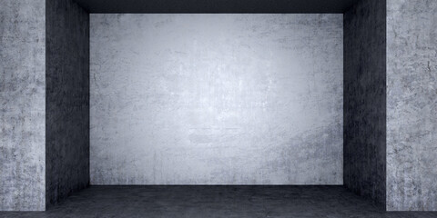 3d rendering of an empty concrete room with textured walls and floor. Industrial minimalist interior, perfect for product mockups, design backgrounds, or architectural presentations.