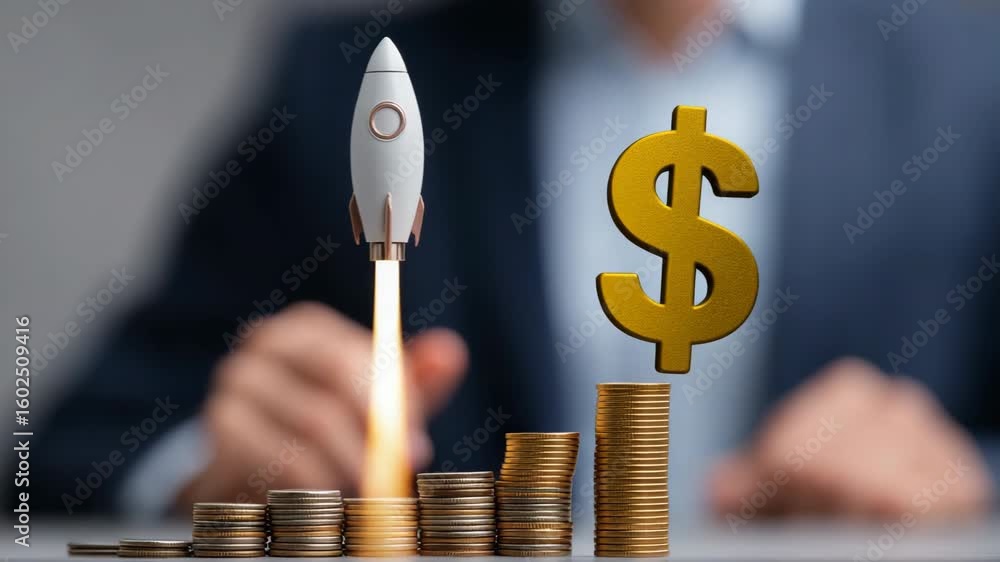 Poster a man is holding a rocket and a pile of coins. the coins are arranged in a pyramid shape on a table.