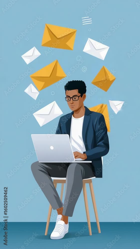 Poster a man is sitting in front of a laptop computer, surrounded by a large number of envelopes. concept o