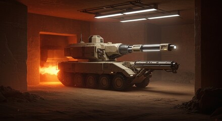 Futuristic military combat vehicle emerging from a fiery underground bunker, representing advanced defense technology and strategic power, ready for action in a secure facility.