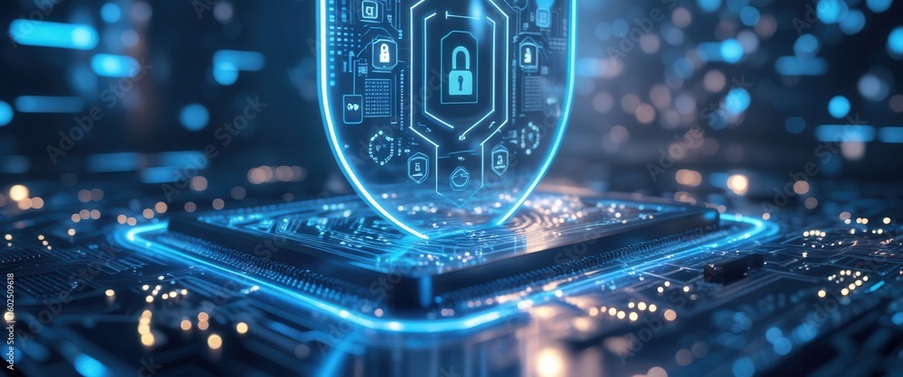 Poster futuristic digital shield with cybersecurity icons over a glowing microchip, representing data prote