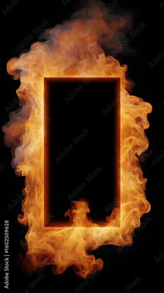 Poster a black and orange image of a fire with a large square in the middle. the fire is very large and the