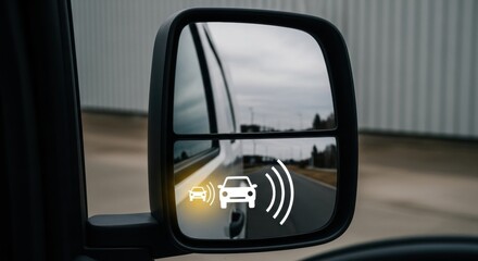 Car with blind spot monitoring system active on side mirror