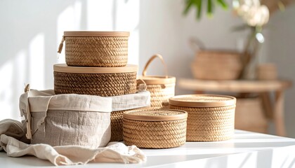 Woven Storage Baskets with Lids and Fabric Liners for Home Organizing