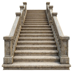 Grand stone staircase with ornate balustrades leading upwards isolated on transparent background