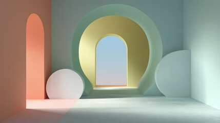 Fototapeta premium A room with a yellow archway and a pink archway