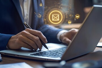 Businessman working on laptop, email icon overlay