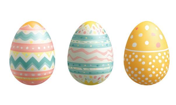 Three pastel colored Easter eggs each with unique intricate decorative patterns and polka dots transparent background