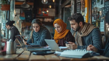 Collaborative Digital Work at Cafe: A group of diverse individuals immerses themselves in a collaborative project within the relaxed ambiance of a cafe, embodying a spirit of focused cooperation.