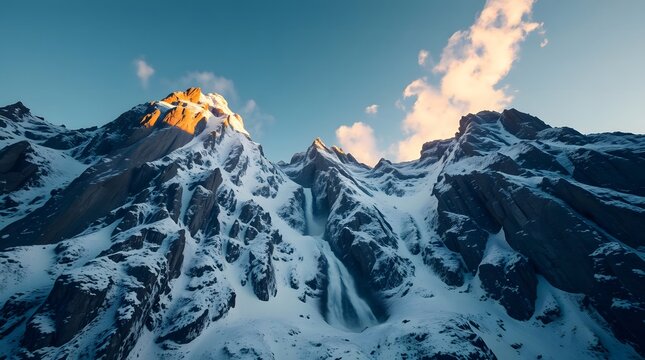 Mount Thor, Majestic Snow-Covered Mountains with a Cascading Waterfall - Powered by Adobe