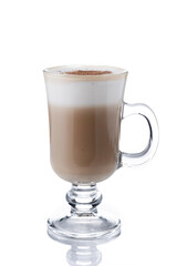 Maple Latte with Cinnamon in Glass Mug isolated o white background