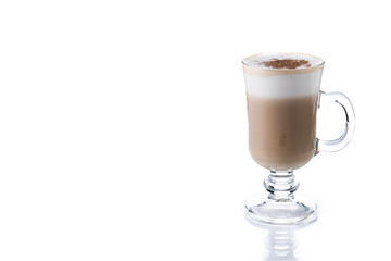 Maple Latte with Cinnamon in Glass Mug isolated o white background. Copy space