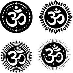 set of four black and white flat vector icon of the mm symbol in sanskrit, bold, sacred, and minimal spiritual icon.
