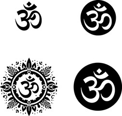 set of four black and white flat vector icon of the mm symbol in sanskrit, bold, sacred, and minimal spiritual icon.