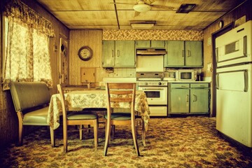 Empty, faded kitchen of a vintage mobile home.  Rustic, faded colors, worn surfaces