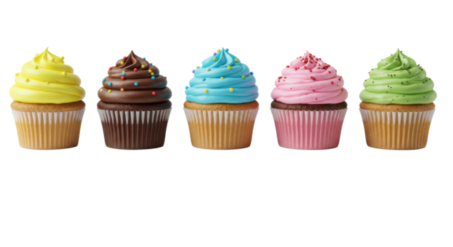 Seven vibrant, ultra-realistic gourmet cupcakes, each with unique swirled frosting and sprinkles, perfectly isolated on a seamless, clean white background, captured with soft professional studio