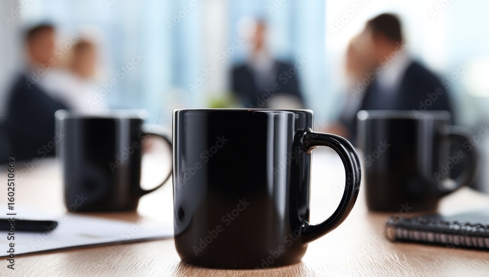 Poster dark mugs sit on a conference table during a meeting creating a sense of collaboration and focus amo