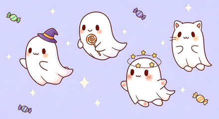 Cute cartoon ghosts with candy on pastel background
