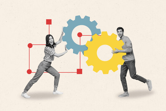 Template sketch image composite artwork collage of team young lady man hold gear network app business development structure partnership