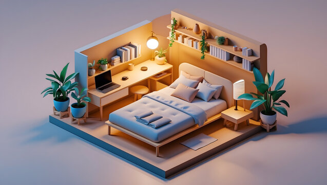 3d illustration of a contemporary bedroom interior with a workspace and ample natural light