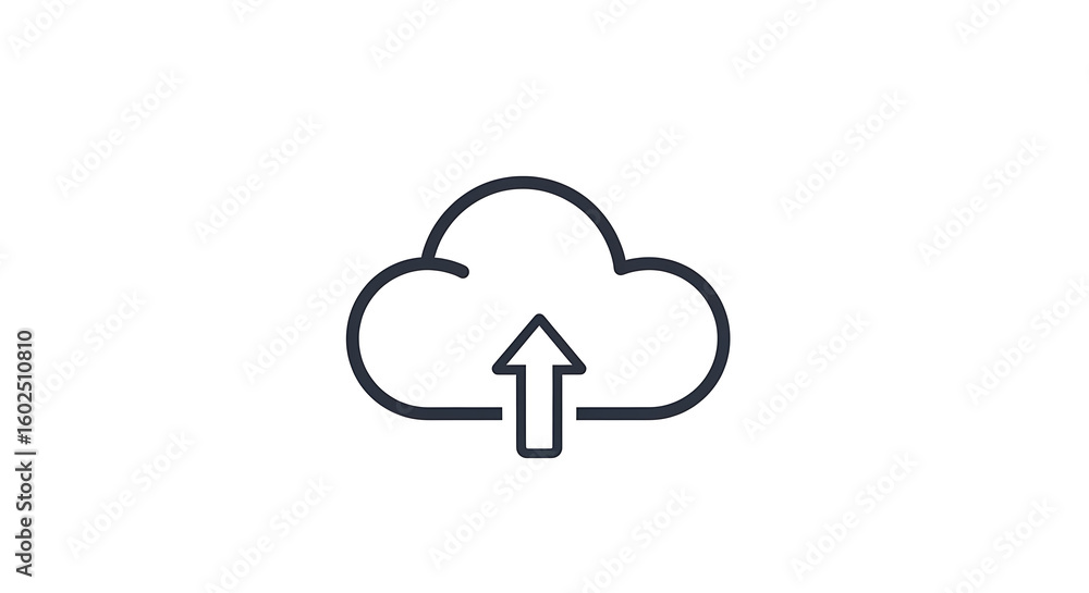 Poster a simple line drawing of a cloud with an arrow pointing upwards on a plain white background ai genra