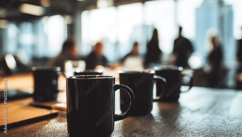 Poster dark mugs sit on a table during a meeting creating a contemplative atmosphere perfect for brainstorm