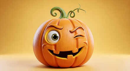 Fototapeta premium Cartoon pumpkin winking with curly vine on yellow background 