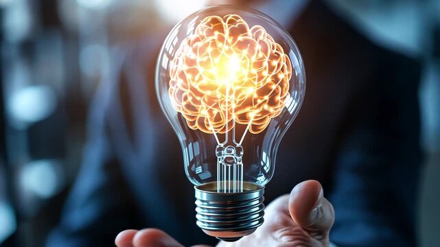 Spark of Innovation: A creative businessman holds a lit lightbulb, symbolizing bright ideas and inventive breakthroughs in a dynamic business setting.
