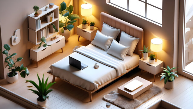 3d illustration of a modern and cozy bedroom interior with a comfortable bed and workspace
