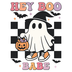 Fototapeta premium Hey Boo Babe - Retro Spooky Halloween T-shirt Vector, Cute Ghost Halloween Illustration, Retro Kawaii Ghoul Clipart, Spooky Season Saying 