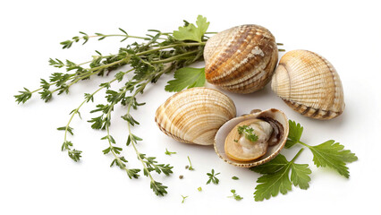 Tasty winkles with herbs on white background