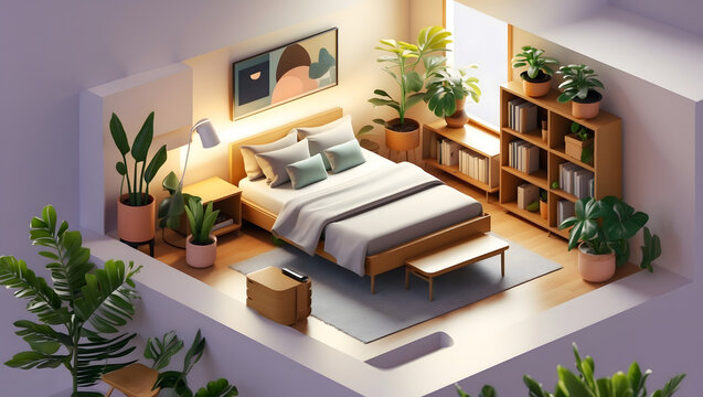 3d illustration of a serene and inviting bedroom with natural light plants and a cozy workspace